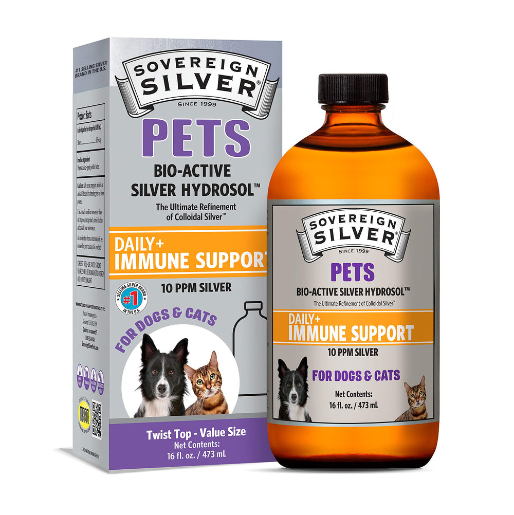Sovereign Silver Pets Immune Support bottle with 10 ppm colloidal silver for daily pet wellness.