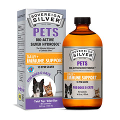 Sovereign Silver Pets Immune Support bottle with 10 ppm colloidal silver for daily pet wellness.