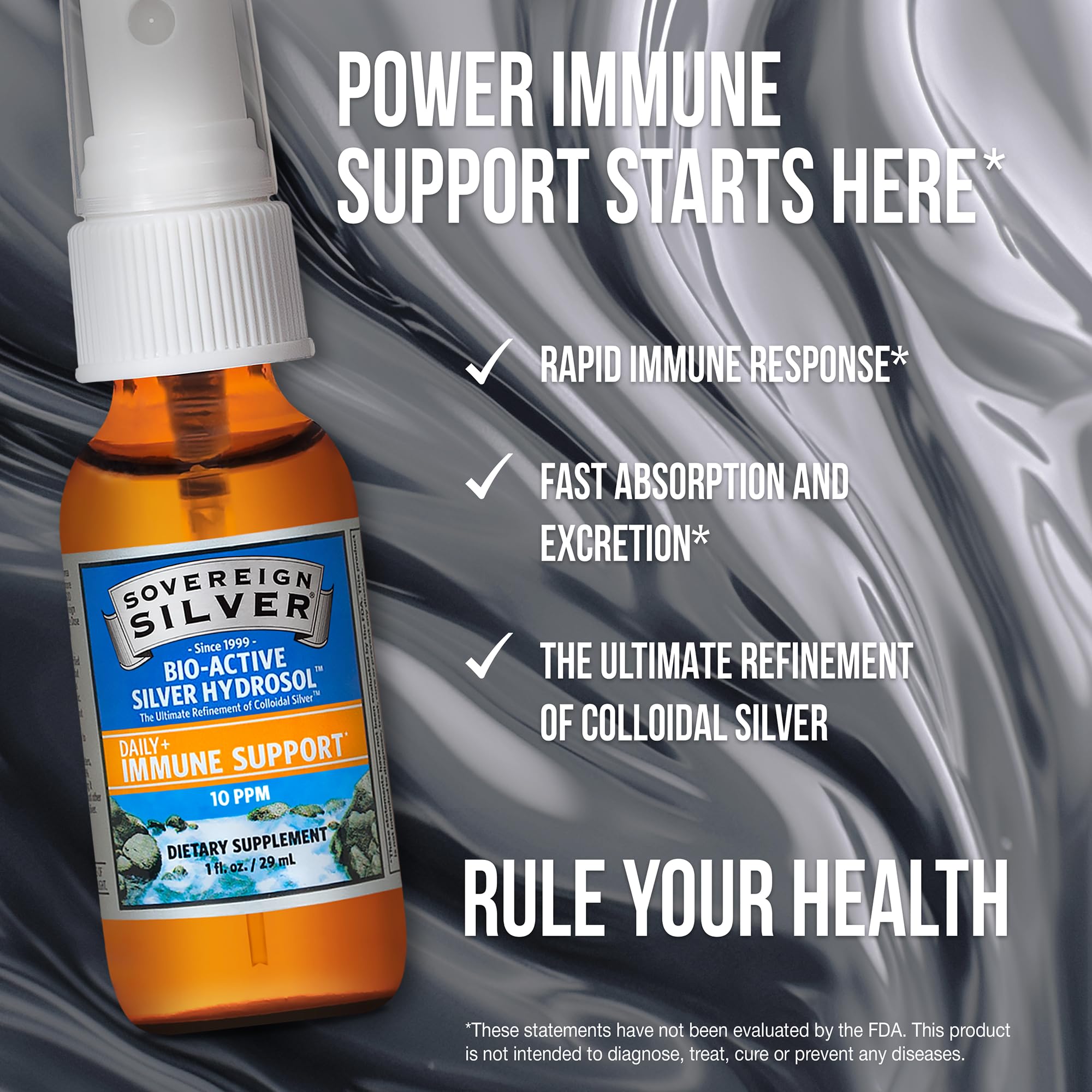 Sovereign Silver ingredients image underscores pure silver with pharmaceutical-grade water.