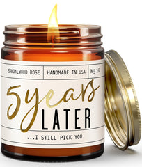 Soy and Sass 5 Year Later etched gold candle, perfect sentimental anniversary gift.