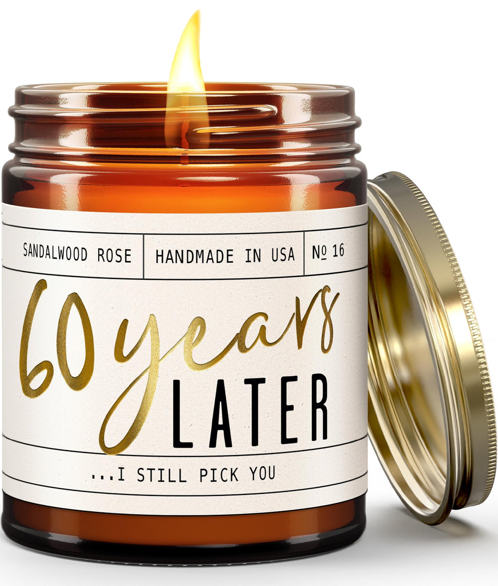 Soy and Sass 60-year anniversary candle with etched gold foil label, a sentimental gift.