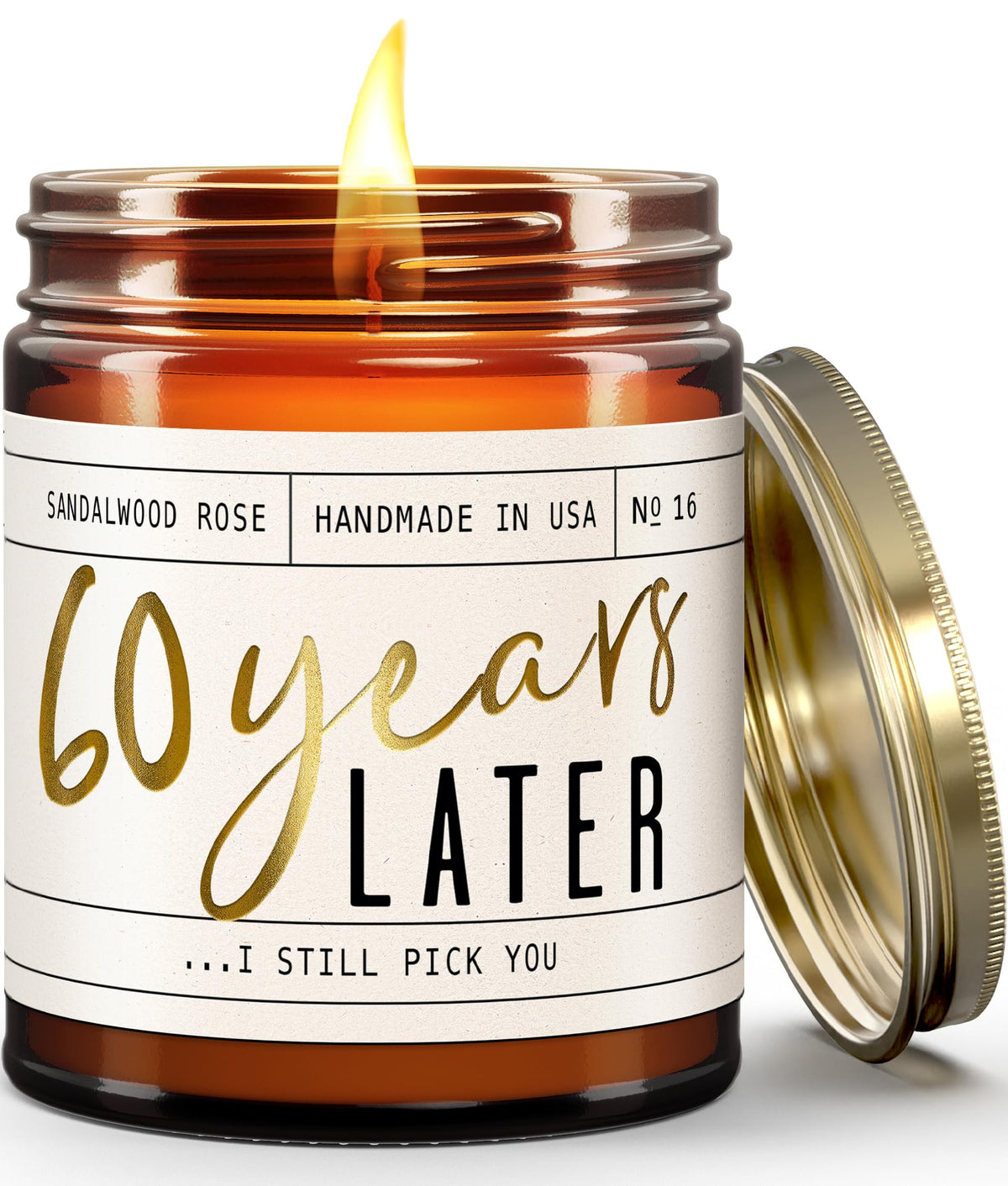 Soy and Sass 60-year anniversary candle with etched gold foil label, a sentimental gift.