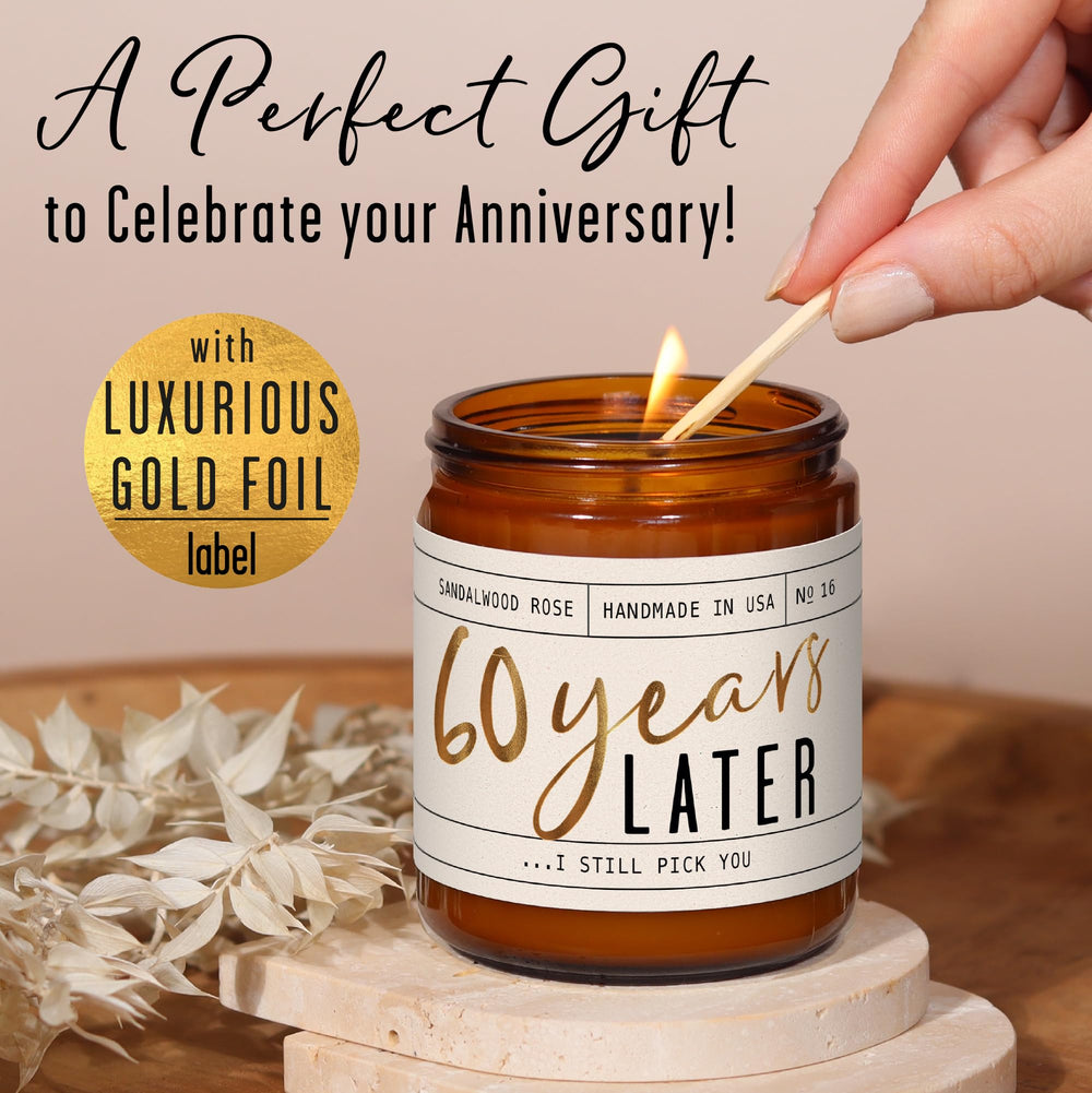 Soy and Sass 60-year anniversary candle sandalwood rose fragrance for romantic moments.