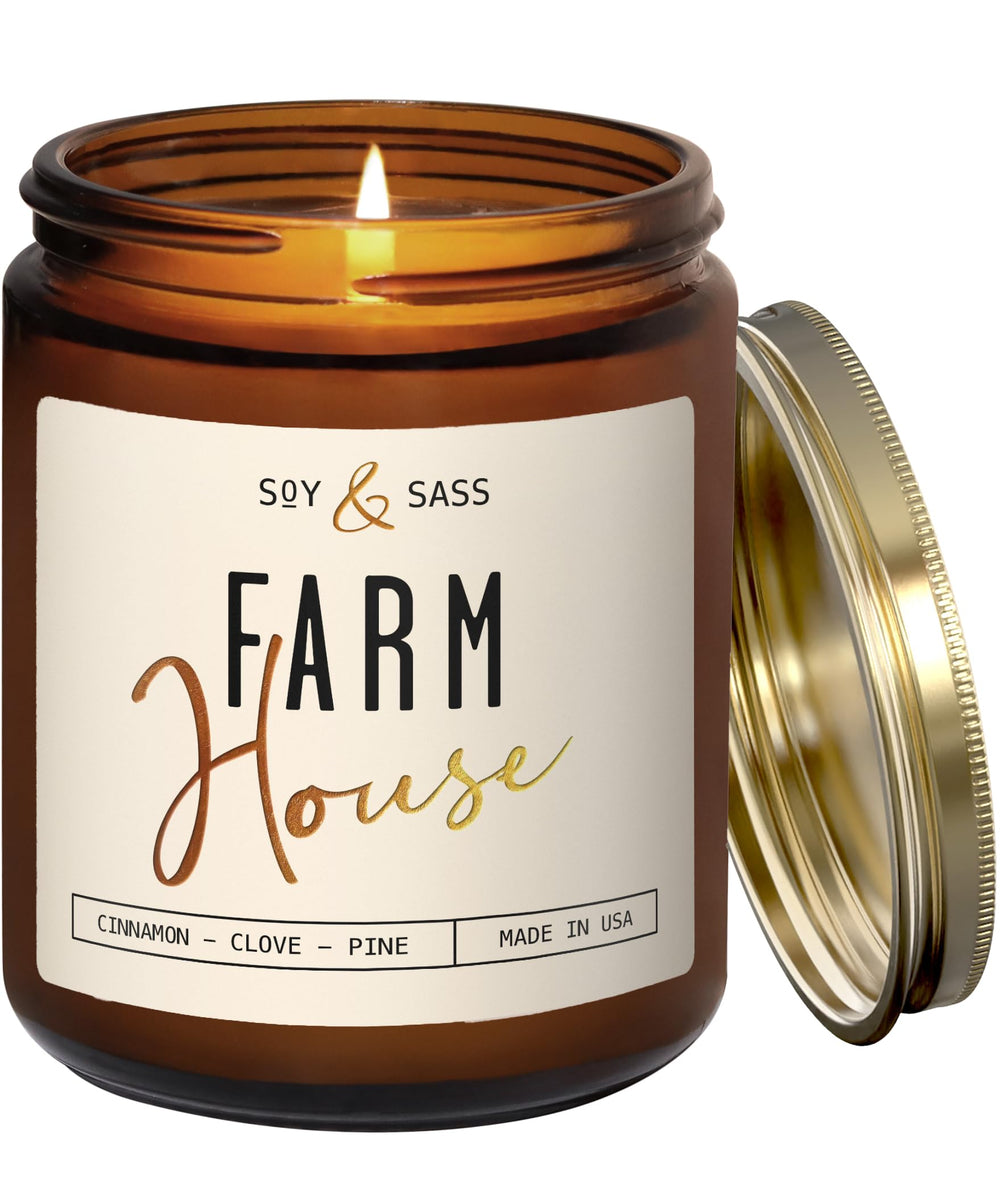 Soy and Sass Farmhouse Candle with gold foil label adds elegant fall ambience.