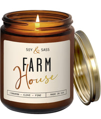 Soy and Sass Farmhouse Candle with gold foil label adds elegant fall ambience.
