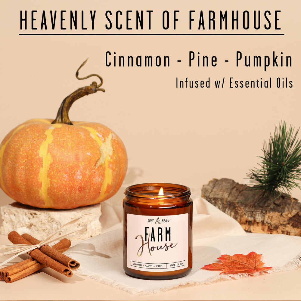 Close-up of cinnamon, clove, and pine notes in the Farmhouse candle.
