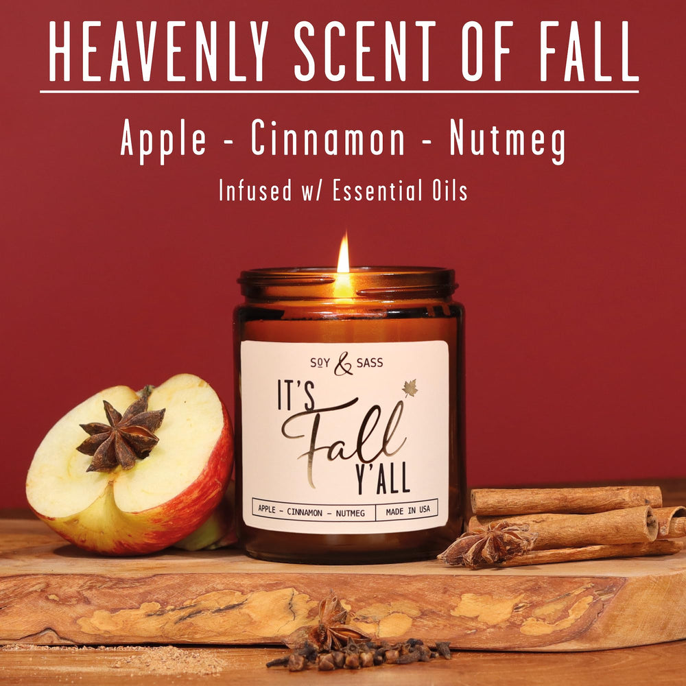 Soy and Sass It's Fall Ya'll candle with gold foil label enhances fall décor