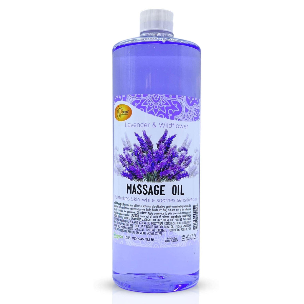 SPA REDI Lavender Massage Oil bottle pour promotes calming aromatherapy.