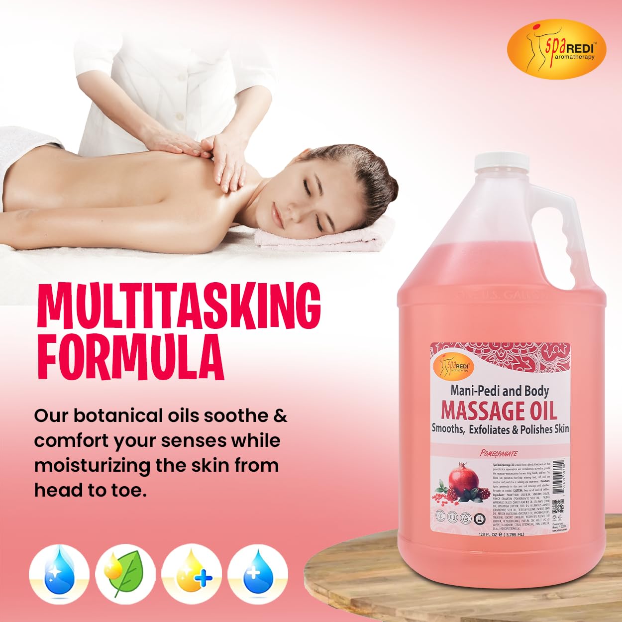 SPA REDI made-in-USA label on massage oil bottle
