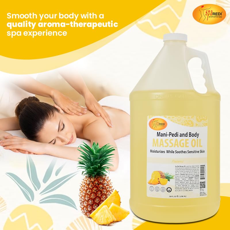 SPA REDI pineapple massage oil label closeup, highlights premium botanical ingredients.