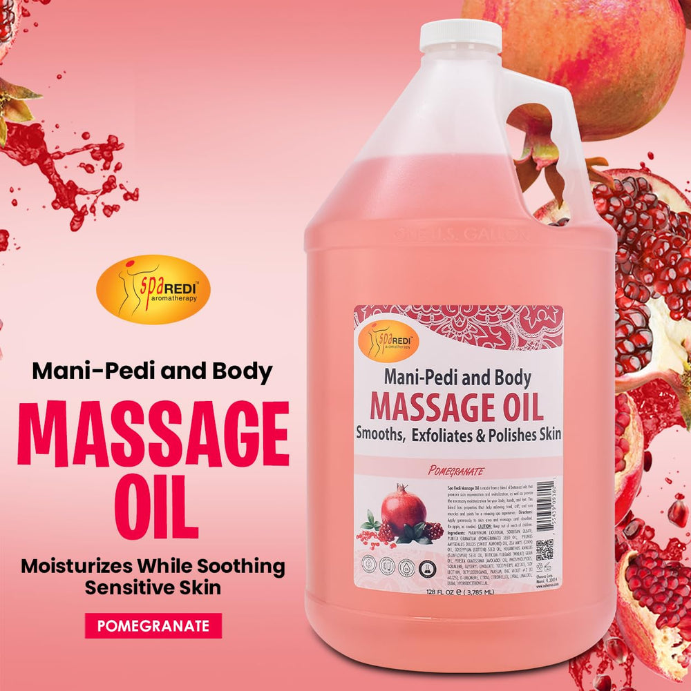SPA REDI pomegranate massage oil being poured for smooth glide