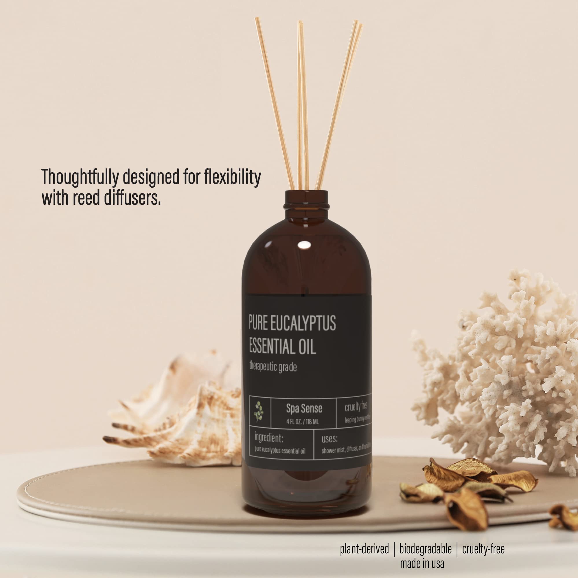 Spa Sense pure eucalyptus oil close-up highlights premium ingredient.