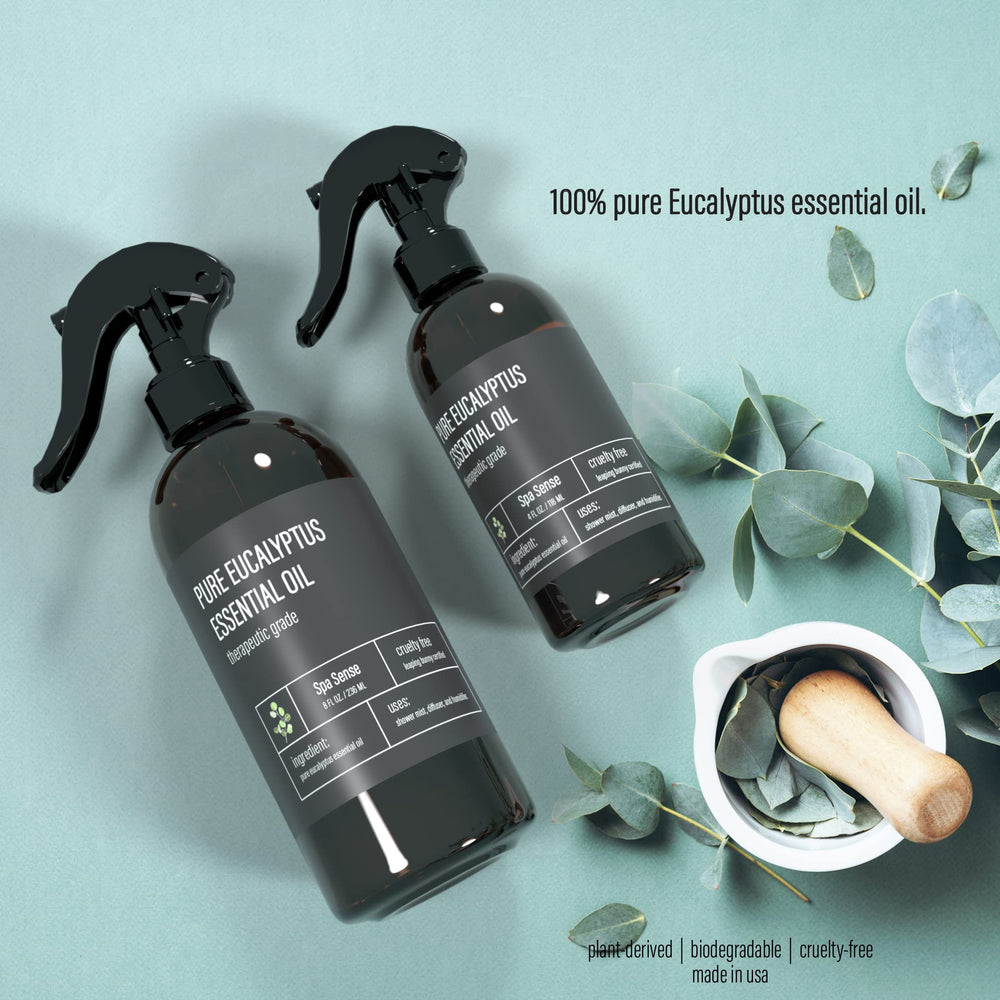 Spa Sense eucalyptus shower mist in shower emits invigorating scent to refresh routines.