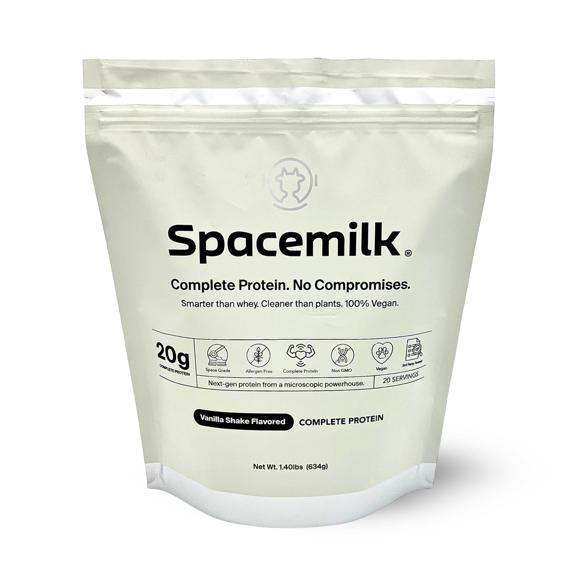Spacemilk Premium Vanilla protein powder jar demonstrates vegan, allergen-free nutrition for daily support.