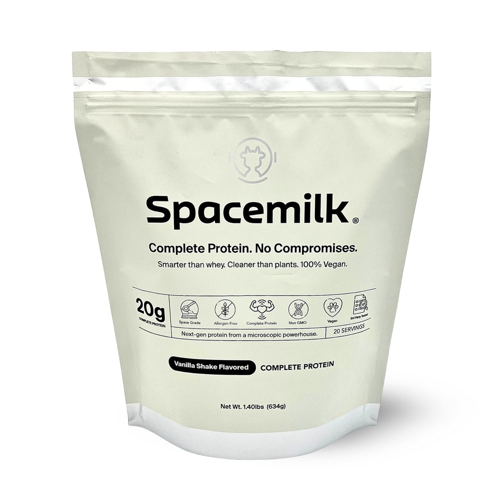 Spacemilk Premium Vanilla protein powder jar demonstrates vegan, allergen-free nutrition for daily support.