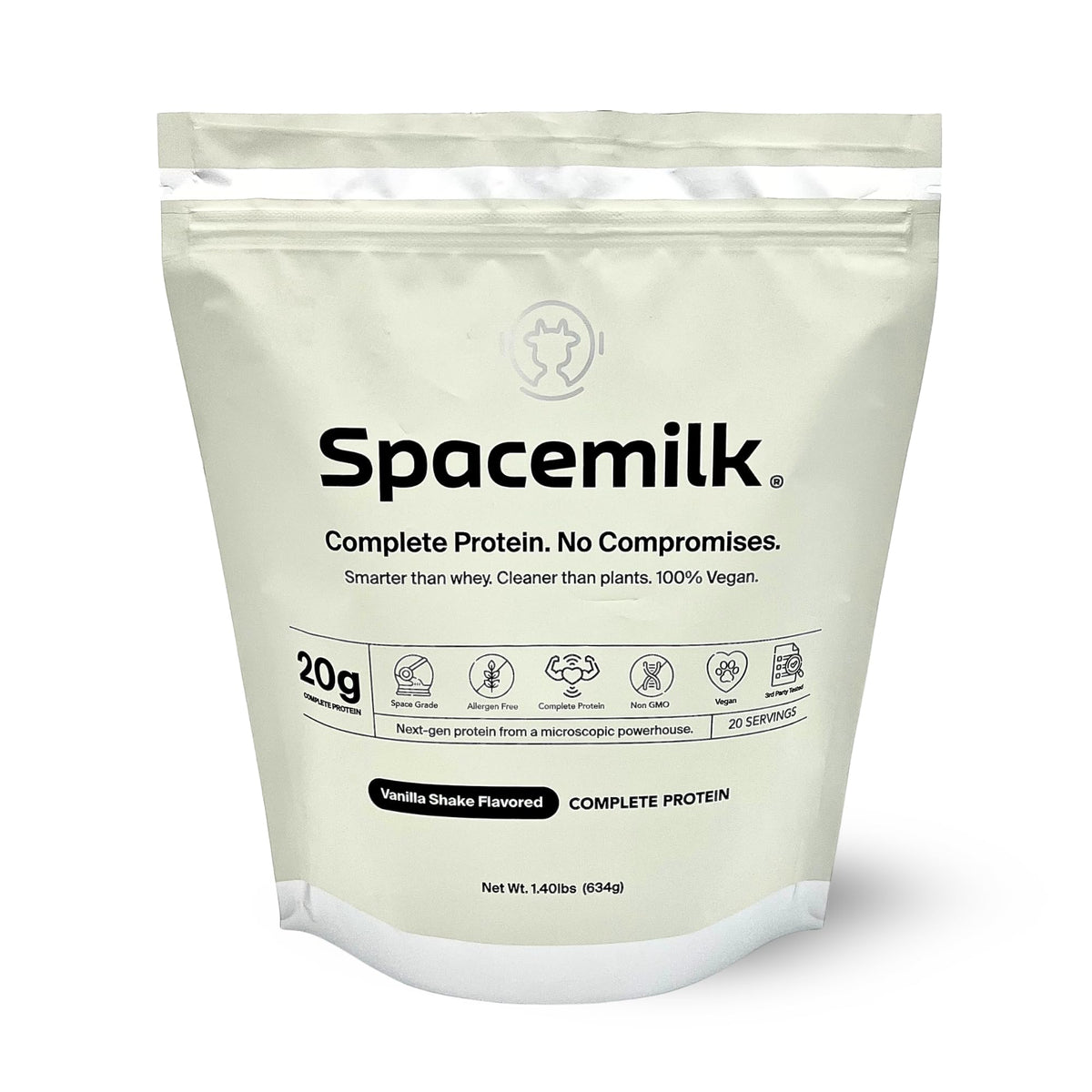 Spacemilk Premium Vanilla protein powder jar demonstrates vegan, allergen-free nutrition for daily support.
