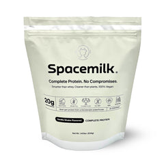 Spacemilk Premium Vanilla protein powder jar demonstrates vegan, allergen-free nutrition for daily support.