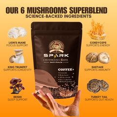 Spark Mushroom Coffee close-up shows creamy texture with MCT oil for a smooth sip.