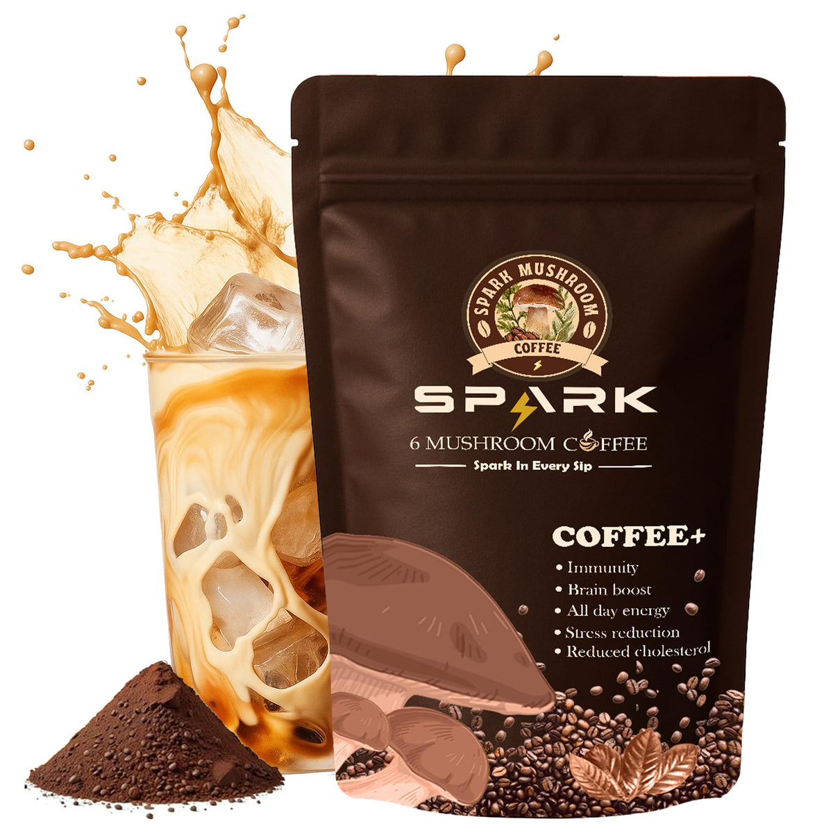 Spark Mushroom Coffee ground in a jar highlighting USDA Organic blend for daily calm energy.