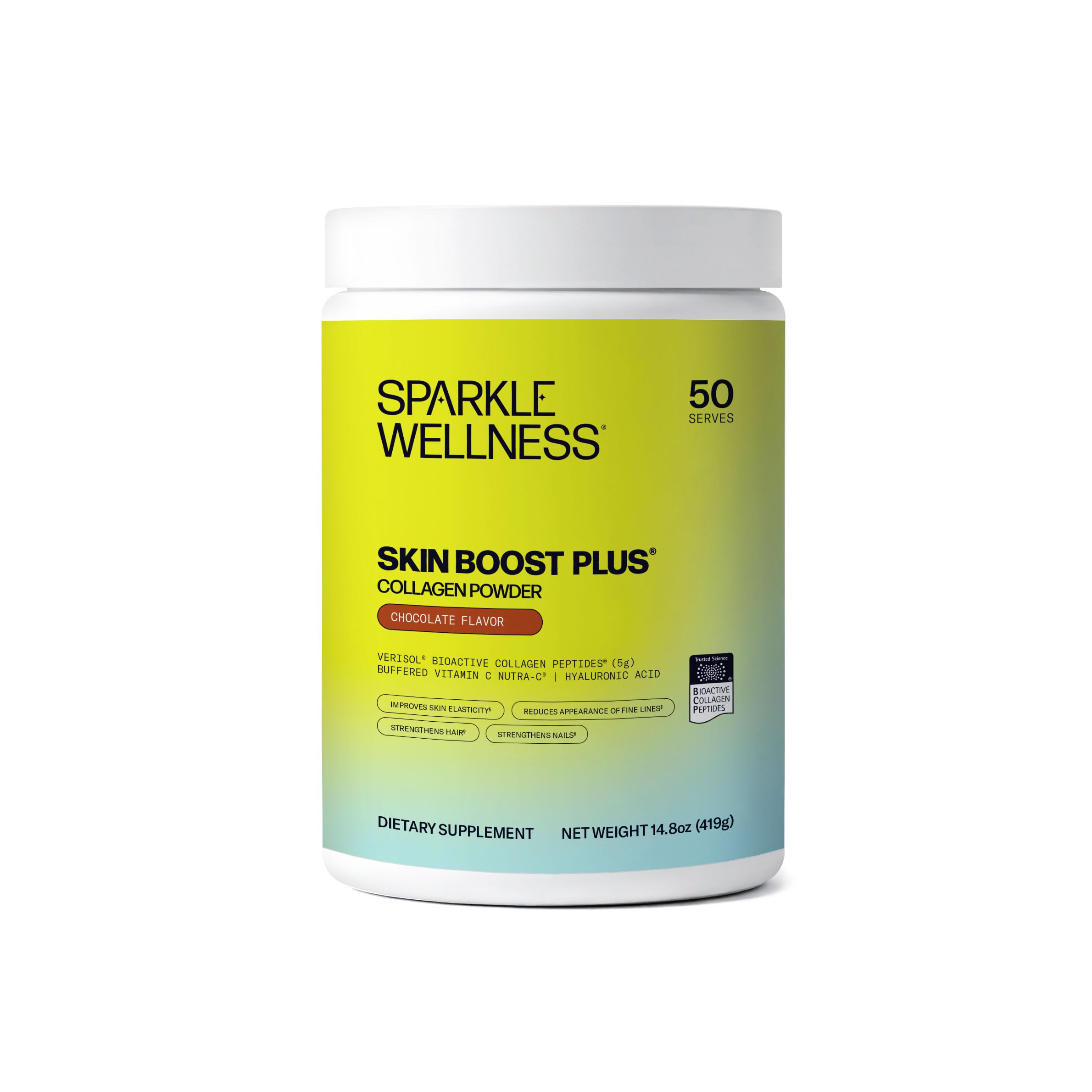 Sparkle Wellness VERISOL chocolate collagen bottle shows the skin-supporting formula