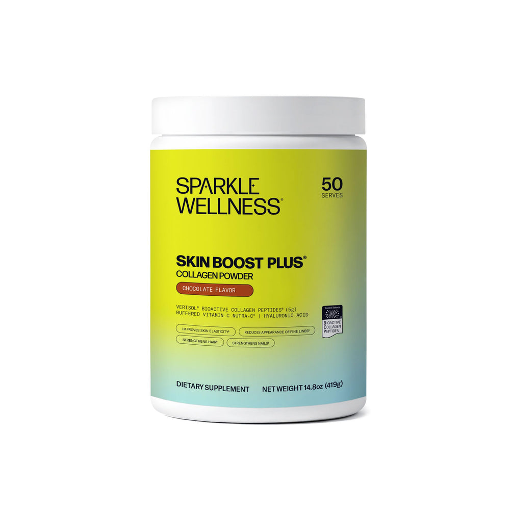 Sparkle Wellness VERISOL chocolate collagen bottle shows the skin-supporting formula