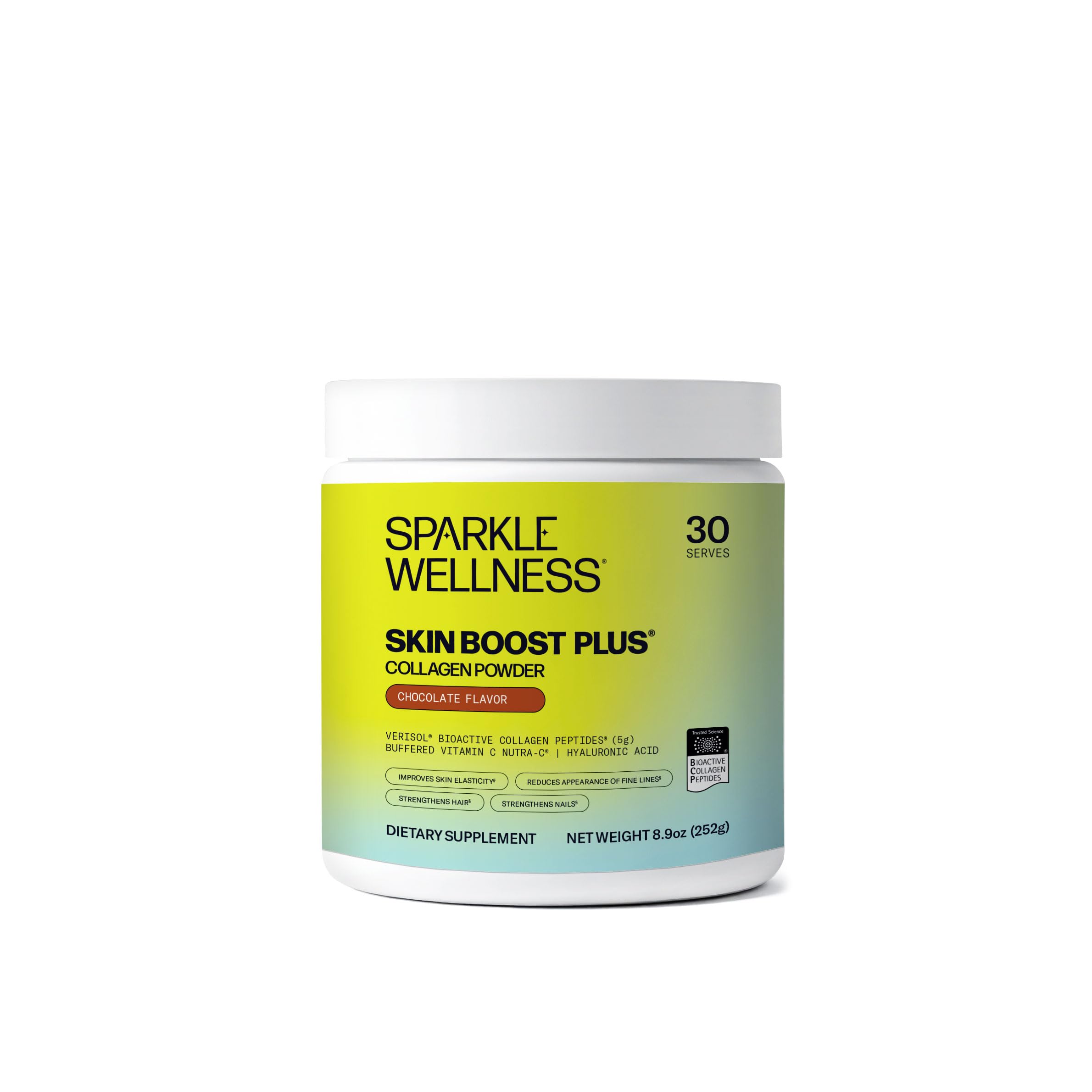 Sparkle Wellness VERISOL collagen powder chocolate canister ready for daily routine