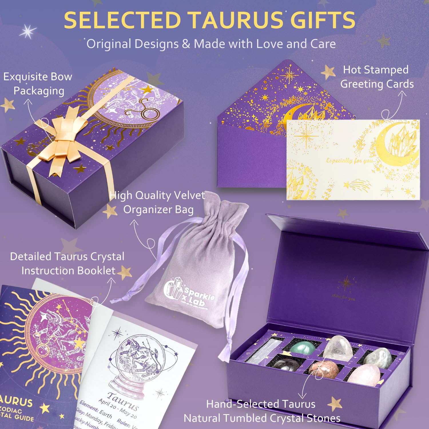 Sparkle x Lab Taurus crystals with elegant packaging showcasing a premium gift