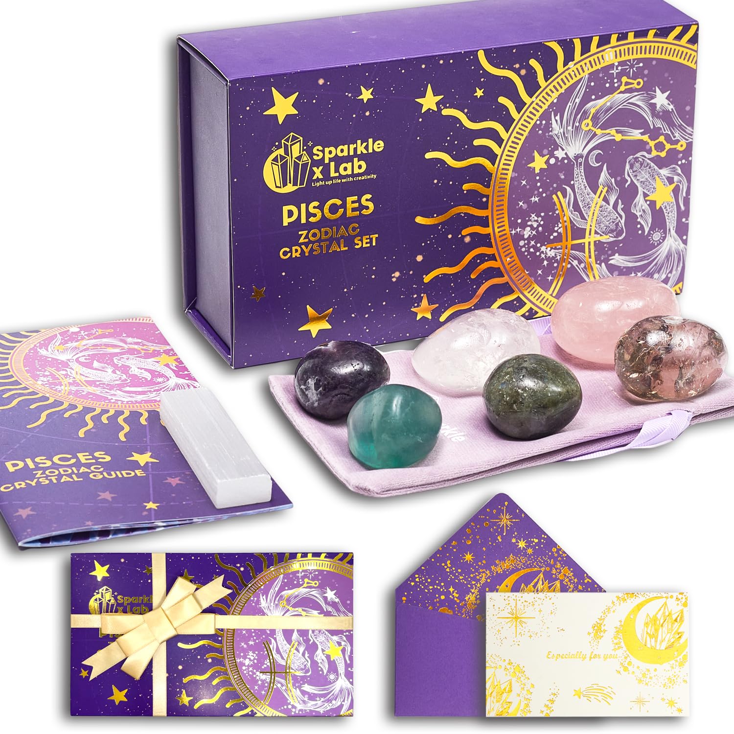 SparklexLab Pisces crystal set packaging with zodiac icon, ideal for gifting and display.