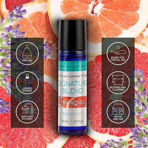 SpaRoom cobalt-blue bottle Tranquil, ready for diffusers and steady room freshness.