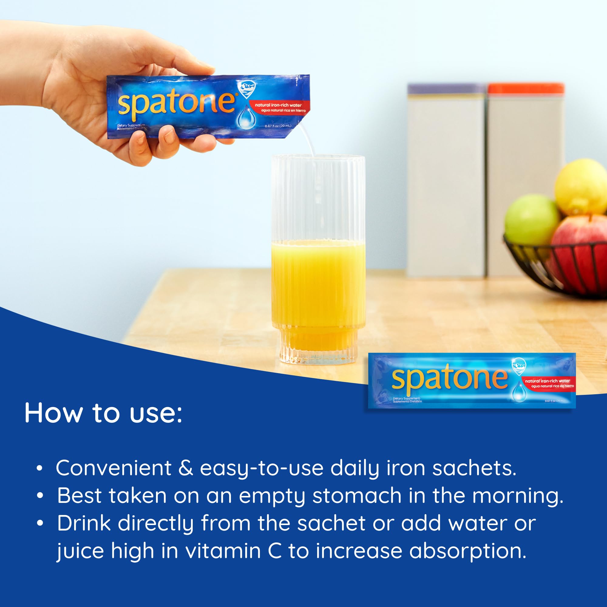 Spatone 5 mg iron per 20 mL sachet for women.