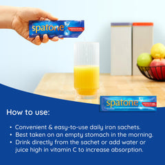 Spatone 5 mg iron per 20 mL sachet for women.