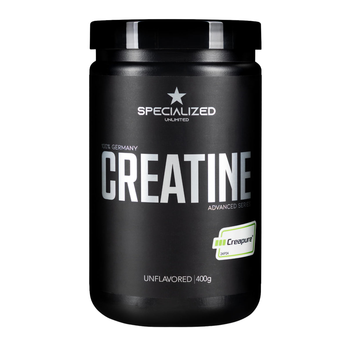 Specialized Unlimited Creatine Monohydrate powder bottle; pure CREAPURE for high-intensity training.