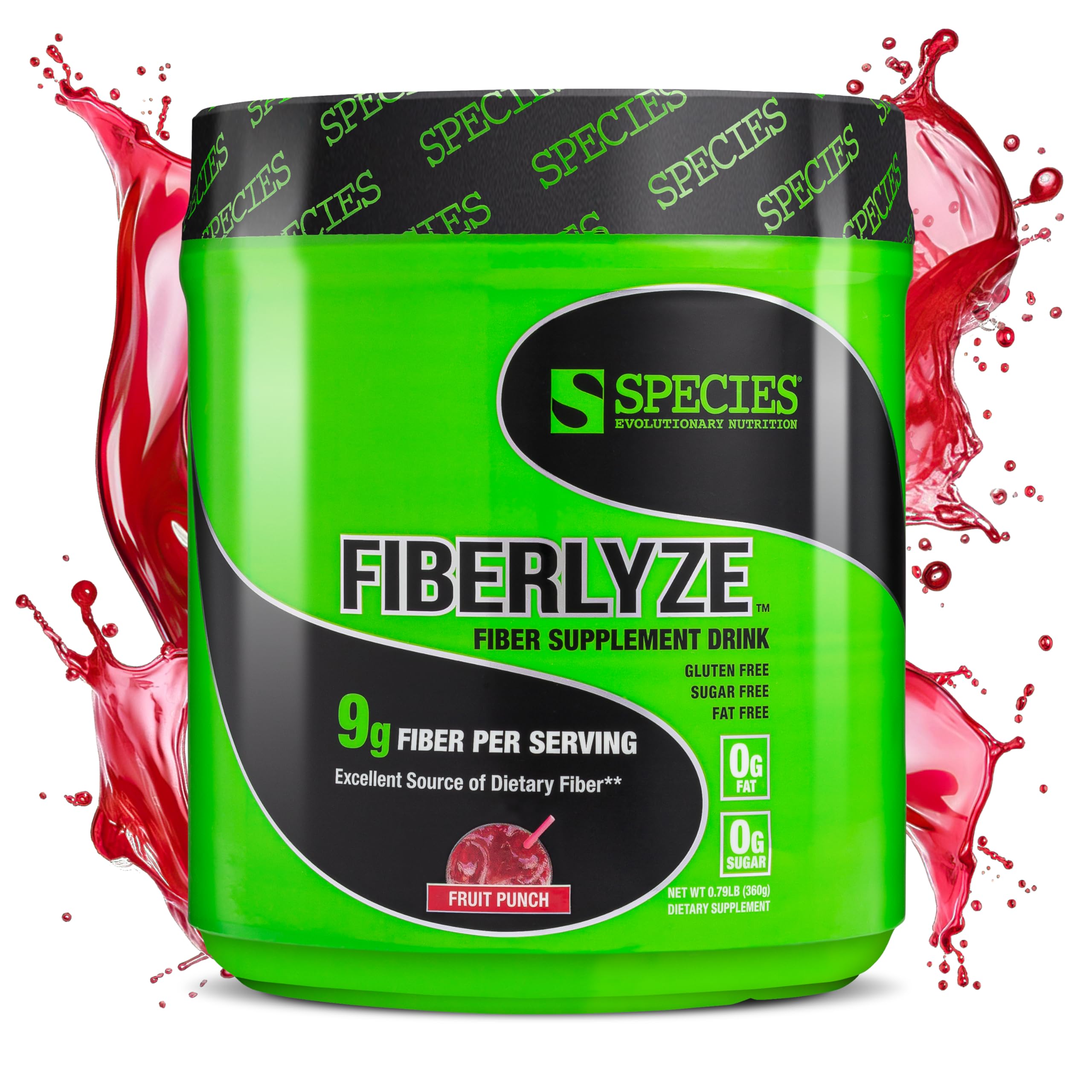 Species Nutrition Fiberlyze tub front view showing high-potency psyllium fiber powder