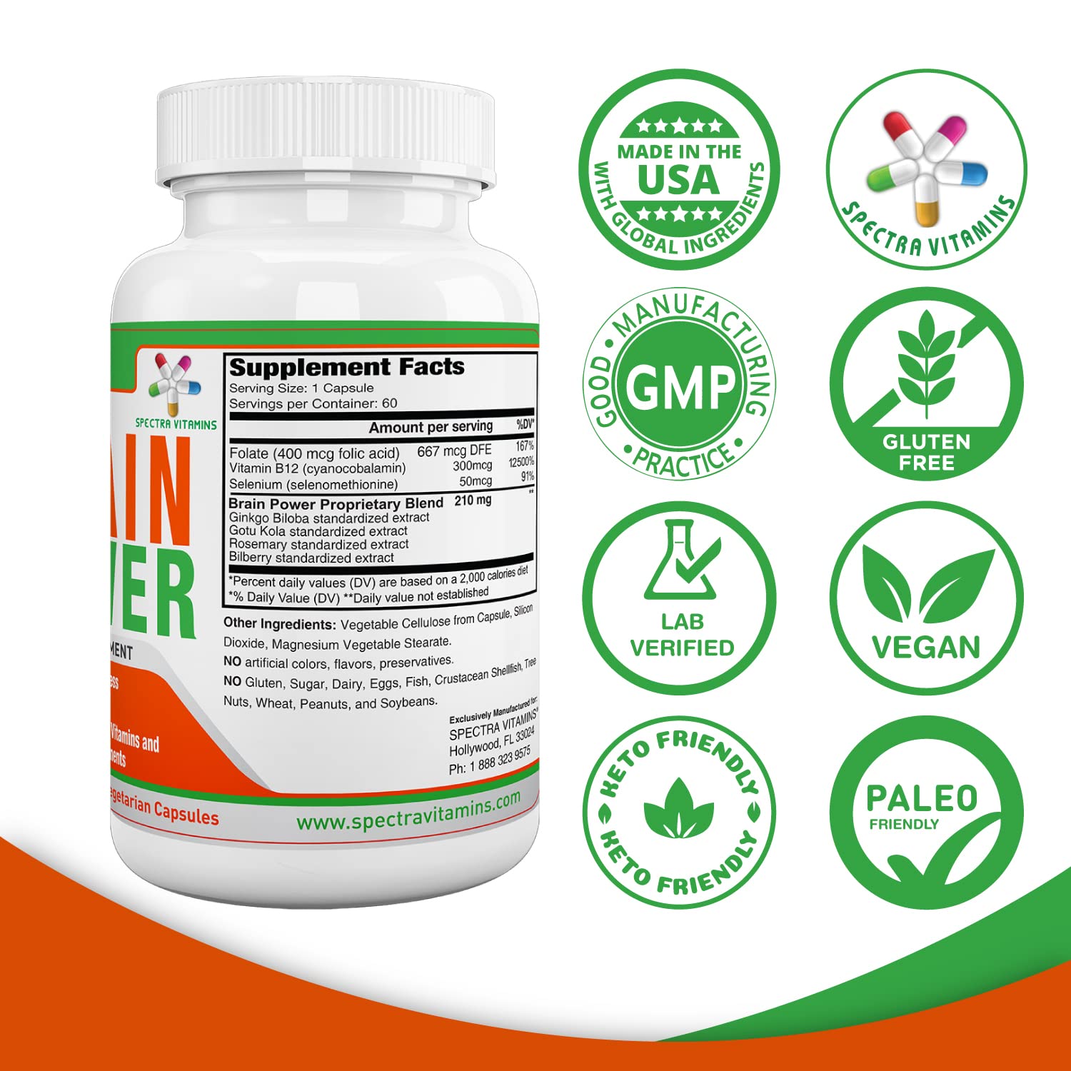 Spectra Vitamins Brain Power nutrition facts image communicates essential vitamins for nervous system support.