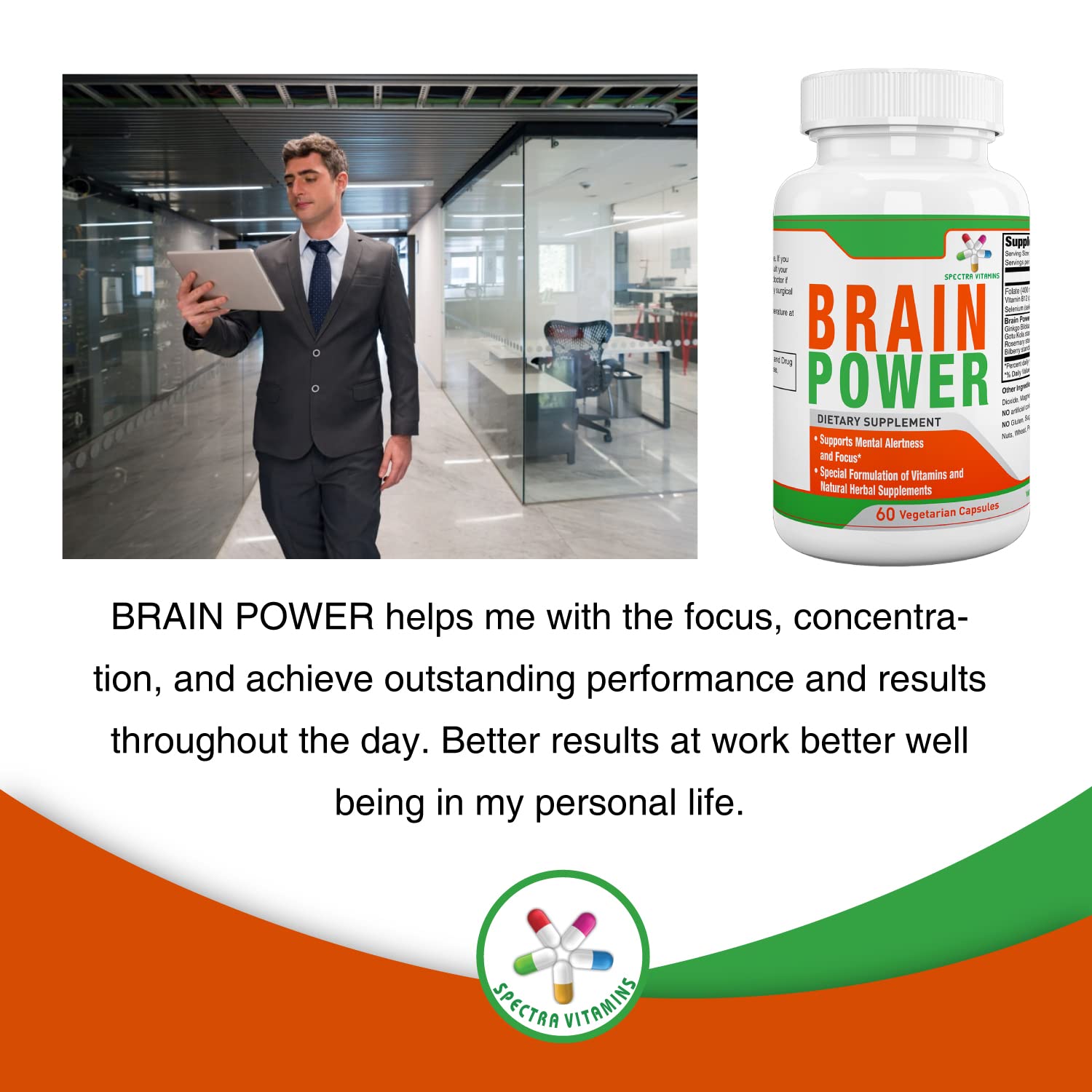 Spectra Vitamins Brain Power Ginkgo Biloba scene illustrates focus-friendly botanicals for study or work.