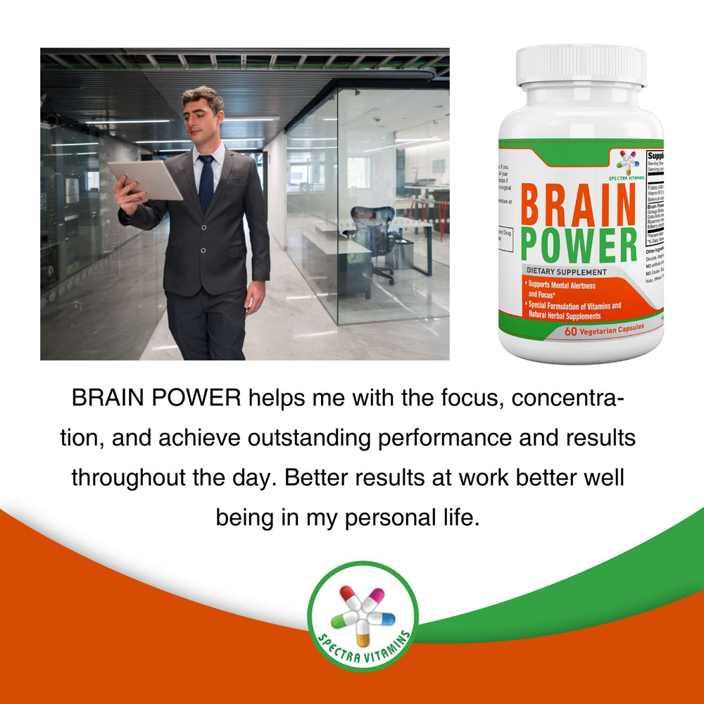 Spectra Vitamins Brain Power Ginkgo Biloba scene illustrates focus-friendly botanicals for study or work.