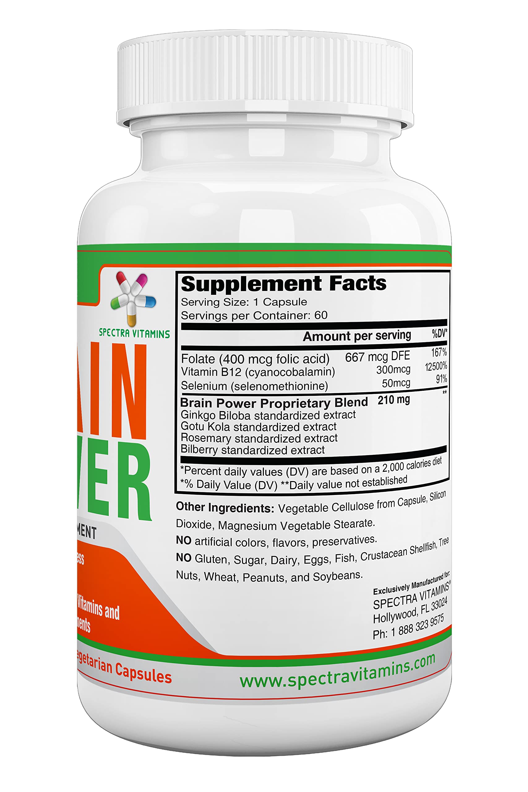 Spectra Vitamins Brain Power label detail emphasizes caffeine-free, allergen-friendly ingredients.
