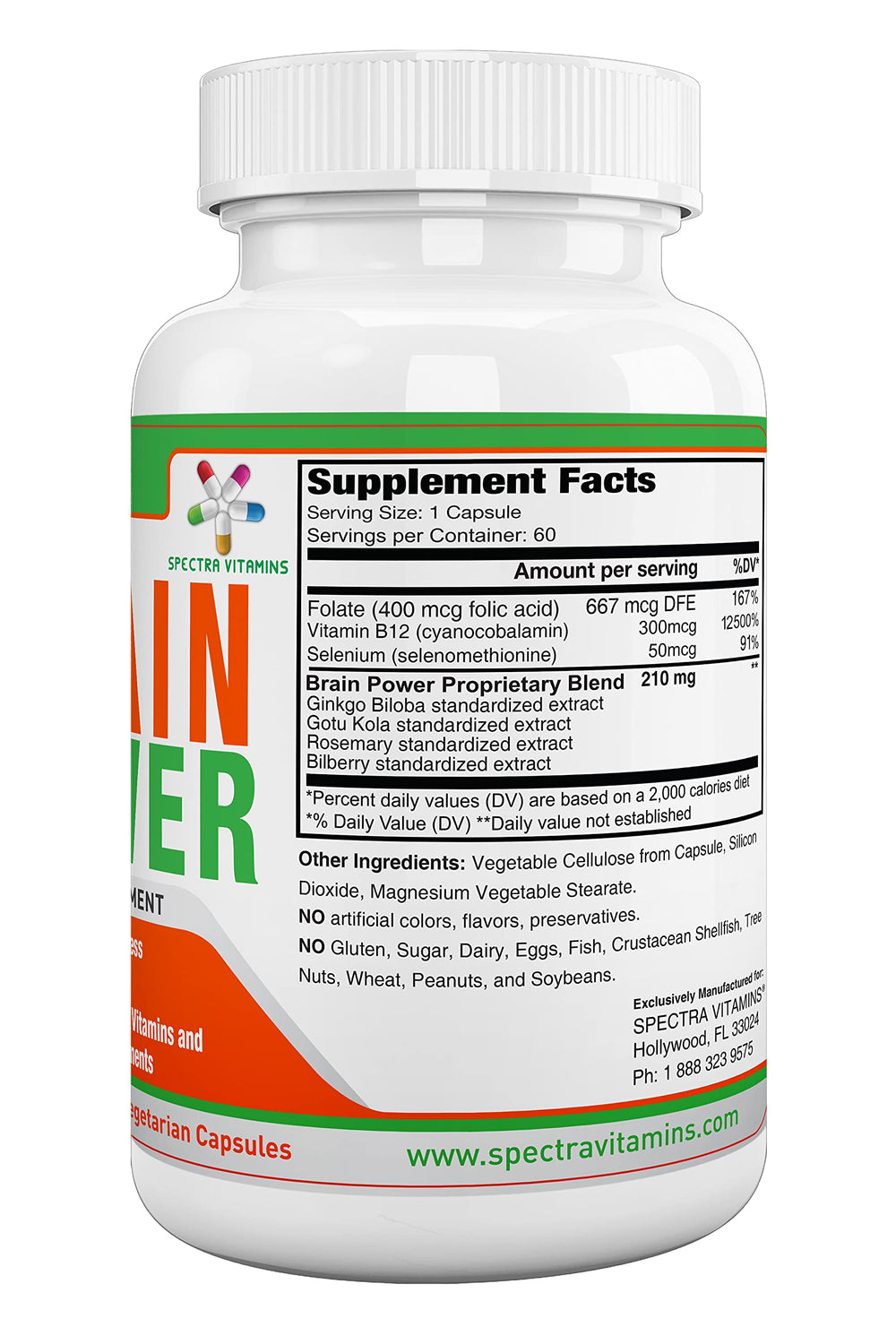 Spectra Vitamins Brain Power label detail emphasizes caffeine-free, allergen-friendly ingredients.