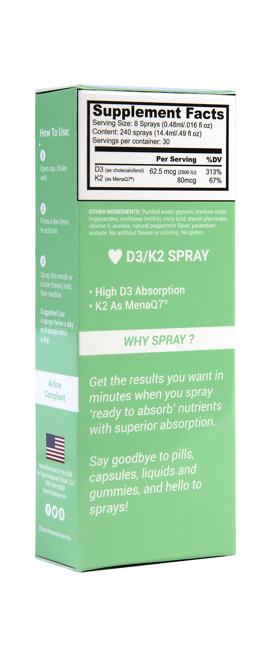 SpectraSpray D3 + K2 spray showing drop-dispense action and fast absorption.