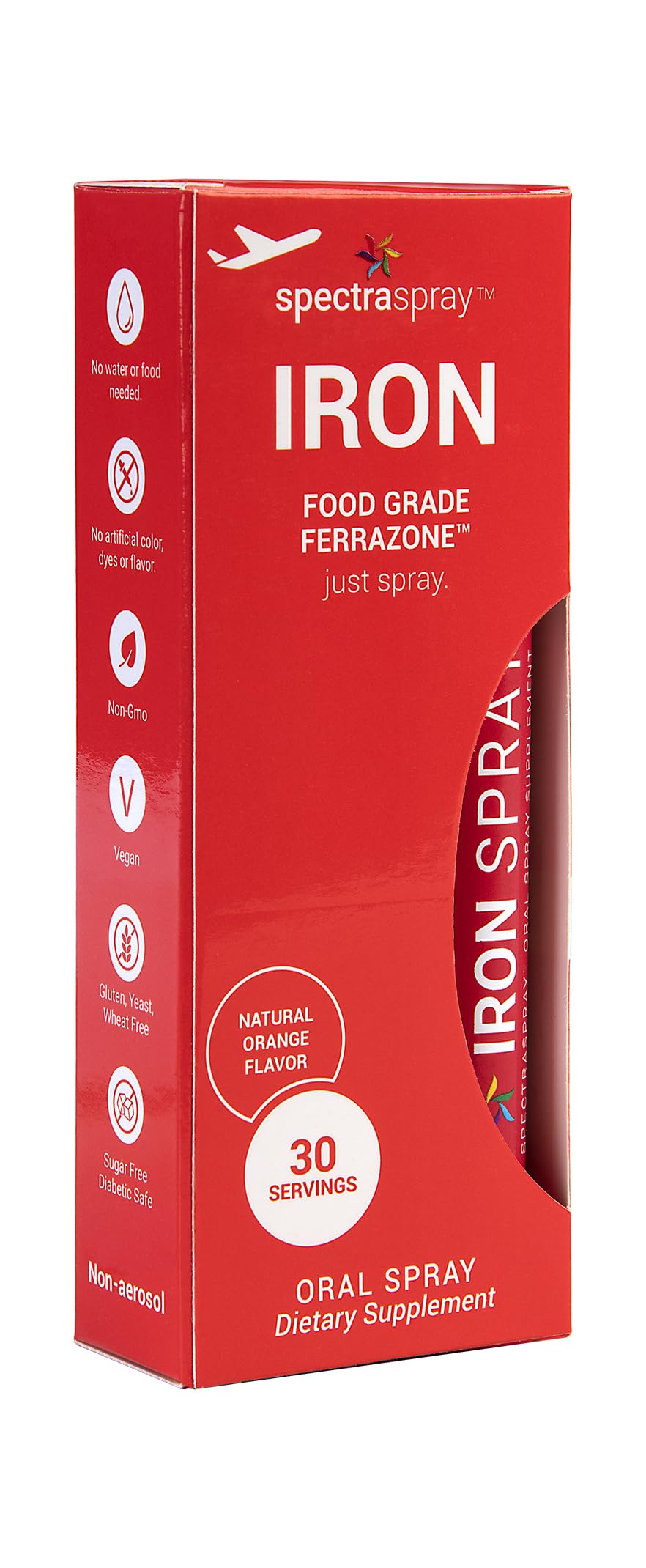 SpectraSpray Iron spray packaging showing orange flavor and vegan formula