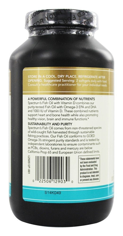 Spectrum Essentials Fish Oil bottle on a pantry shelf for convenient storage.