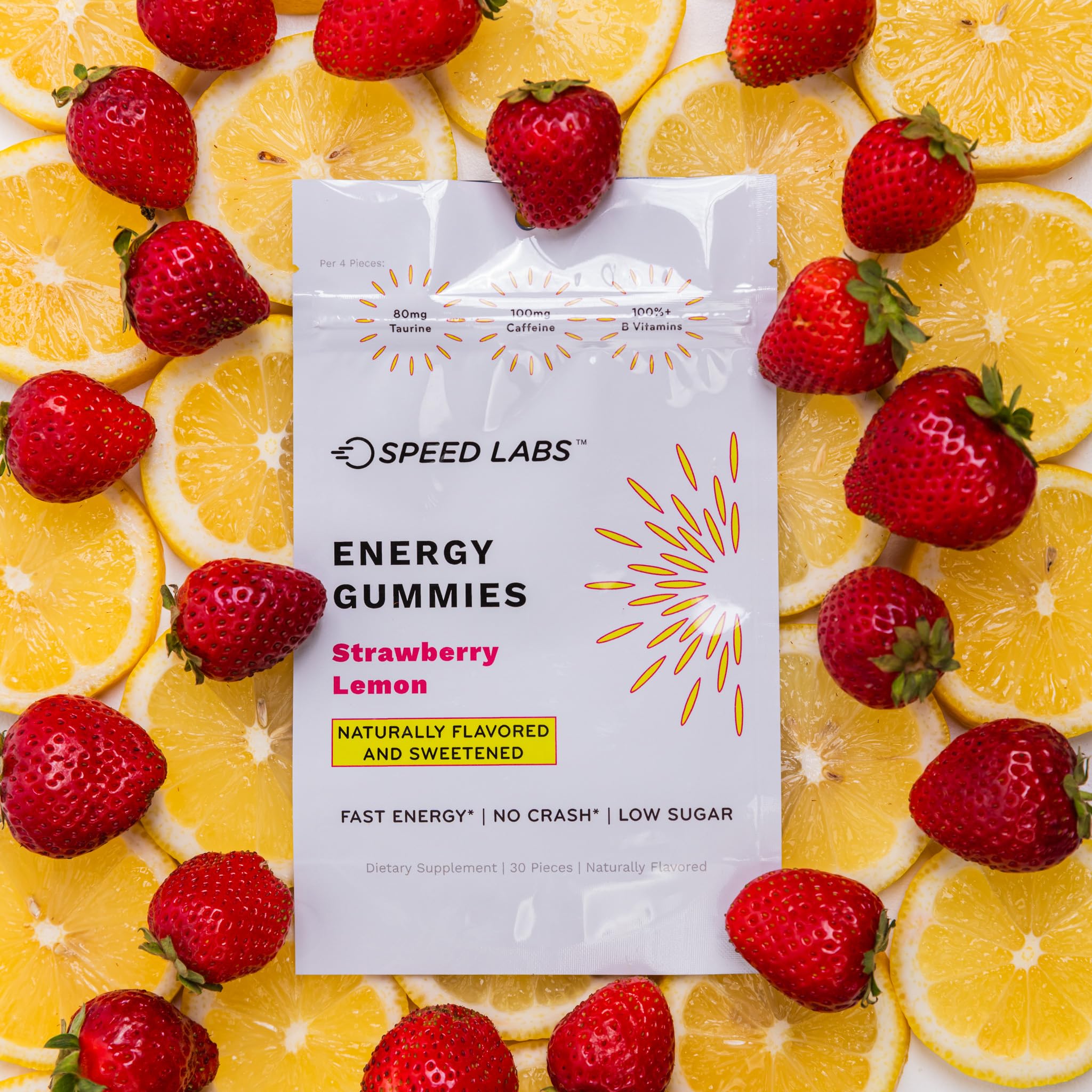 Ingredients panel emphasizes microencapsulated caffeine and natural sweeteners.