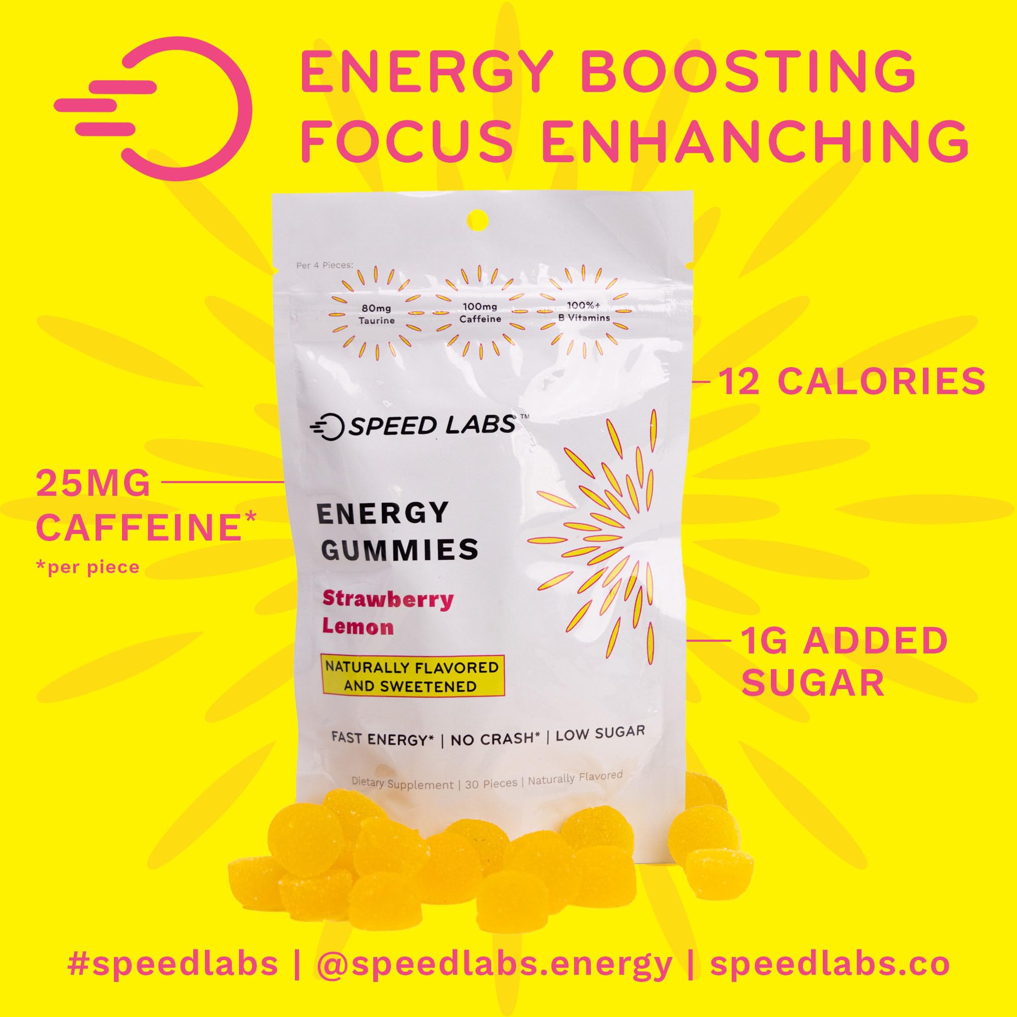 Close-up of Speed Labs Energy Gummies highlighting strawberry lemon flavor and natural sweetness.