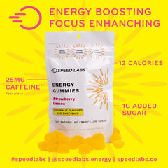 Close-up of Speed Labs Energy Gummies highlighting strawberry lemon flavor and natural sweetness.