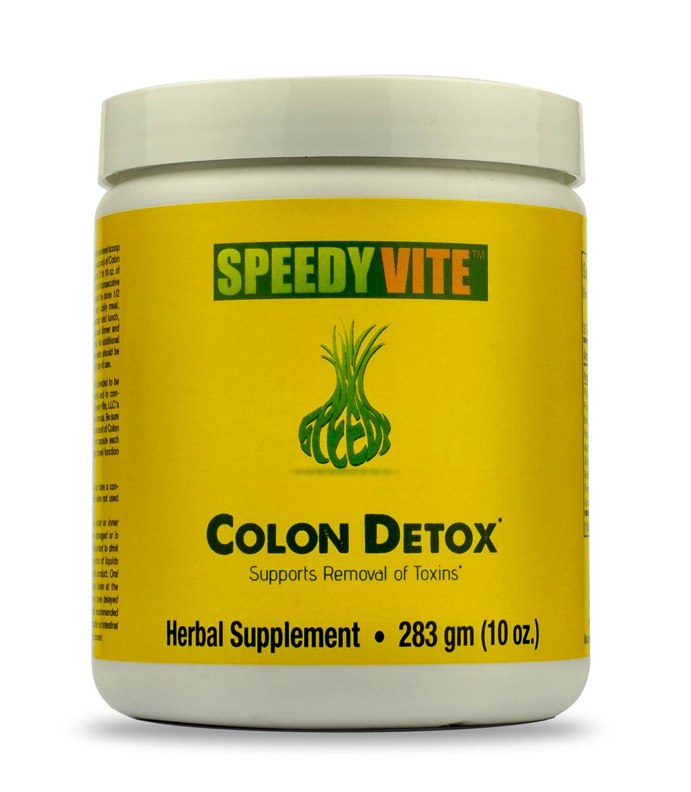 SpeedyVite Colon Detox bottle on table, showcasing natural ingredients and detox-friendly appeal.