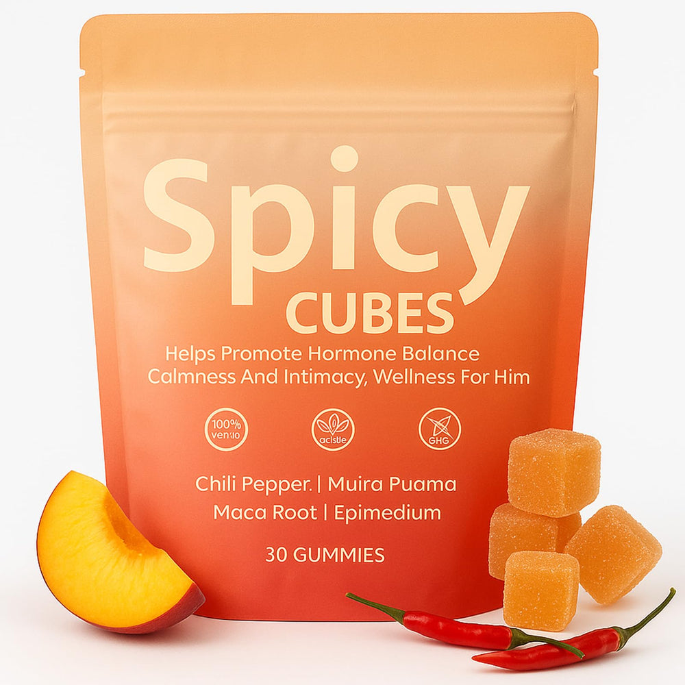 SPICY CUBES Hot Peach gummy bottle label emphasizes plant-based wellness for daily balance.