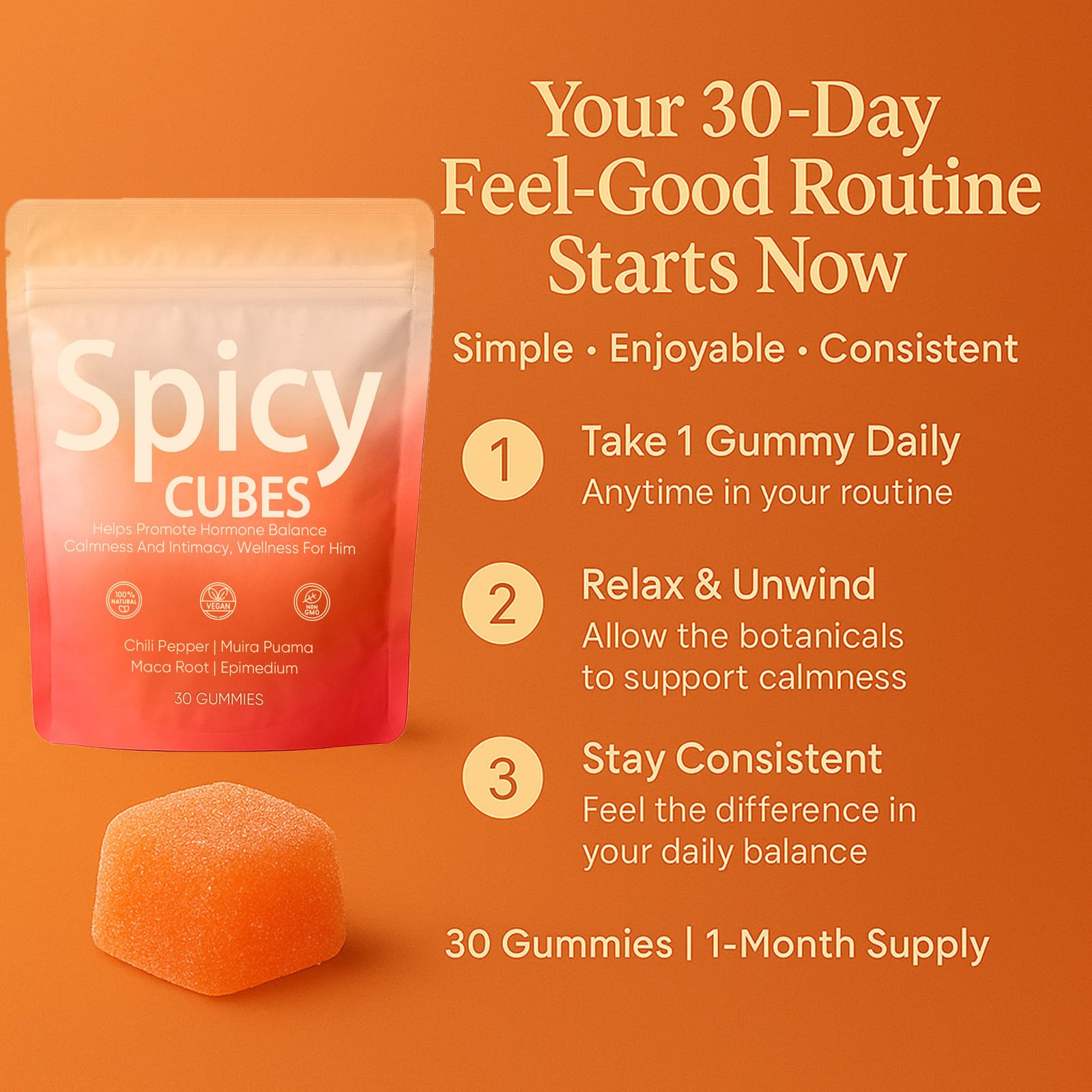 SPICY CUBES Hot Peach gummy with chili pepper conveys warmth for intimate moments.