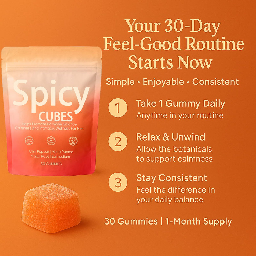 SPICY CUBES Hot Peach gummy with chili pepper conveys warmth for intimate moments.