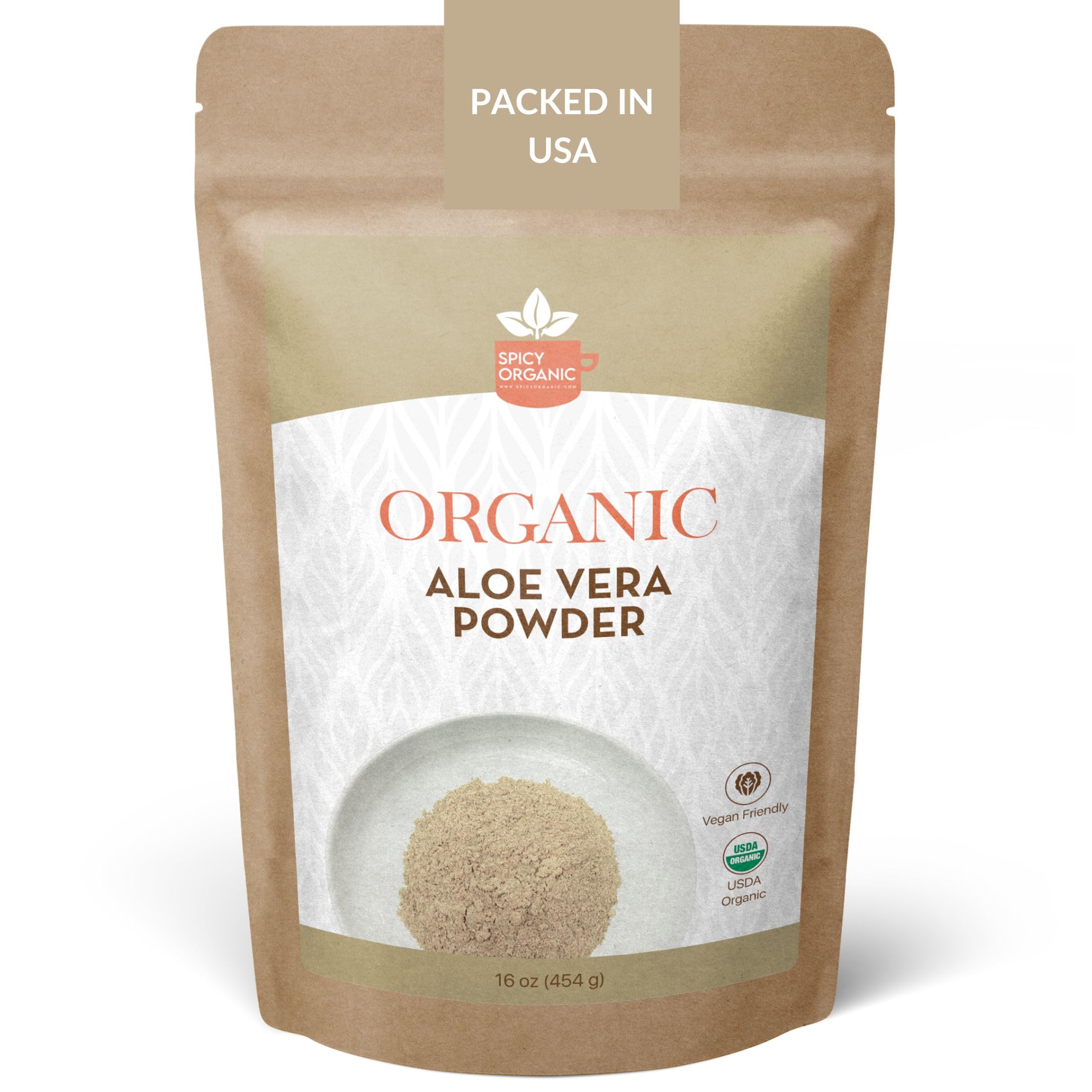 SPICY ORGANIC Aloe Vera Powder bottle for gentle skincare and hair care.