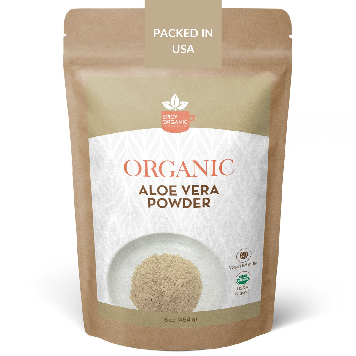 SPICY ORGANIC Aloe Vera Powder bottle for gentle skincare and hair care.
